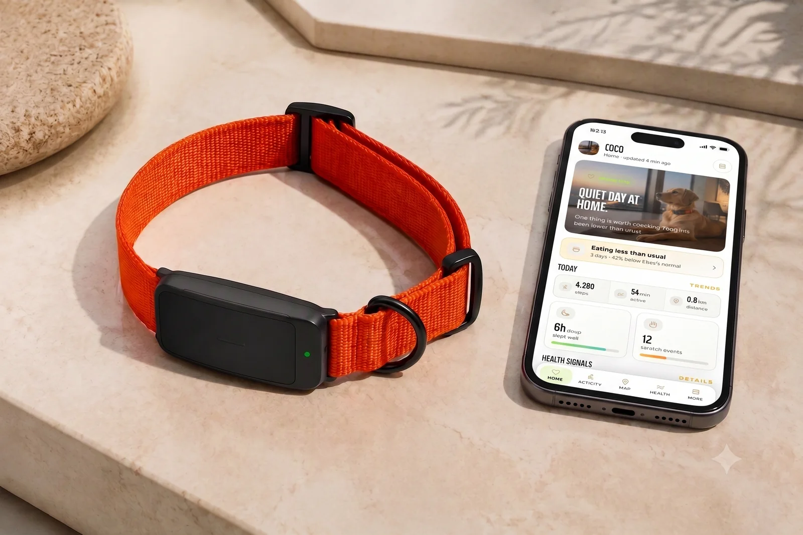 The Boop collar beside the companion app showing Coco's home screen