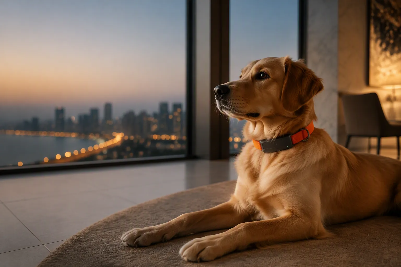 A calm dog wearing the Boop collar, resting by a city window at dusk